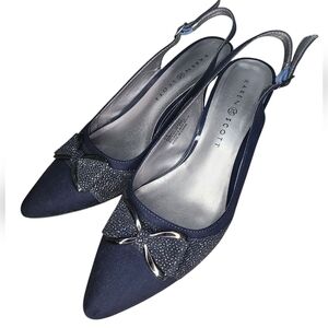 KAREN SCOTT navy blue bow kitten heel slingback pointy toe size 7.5